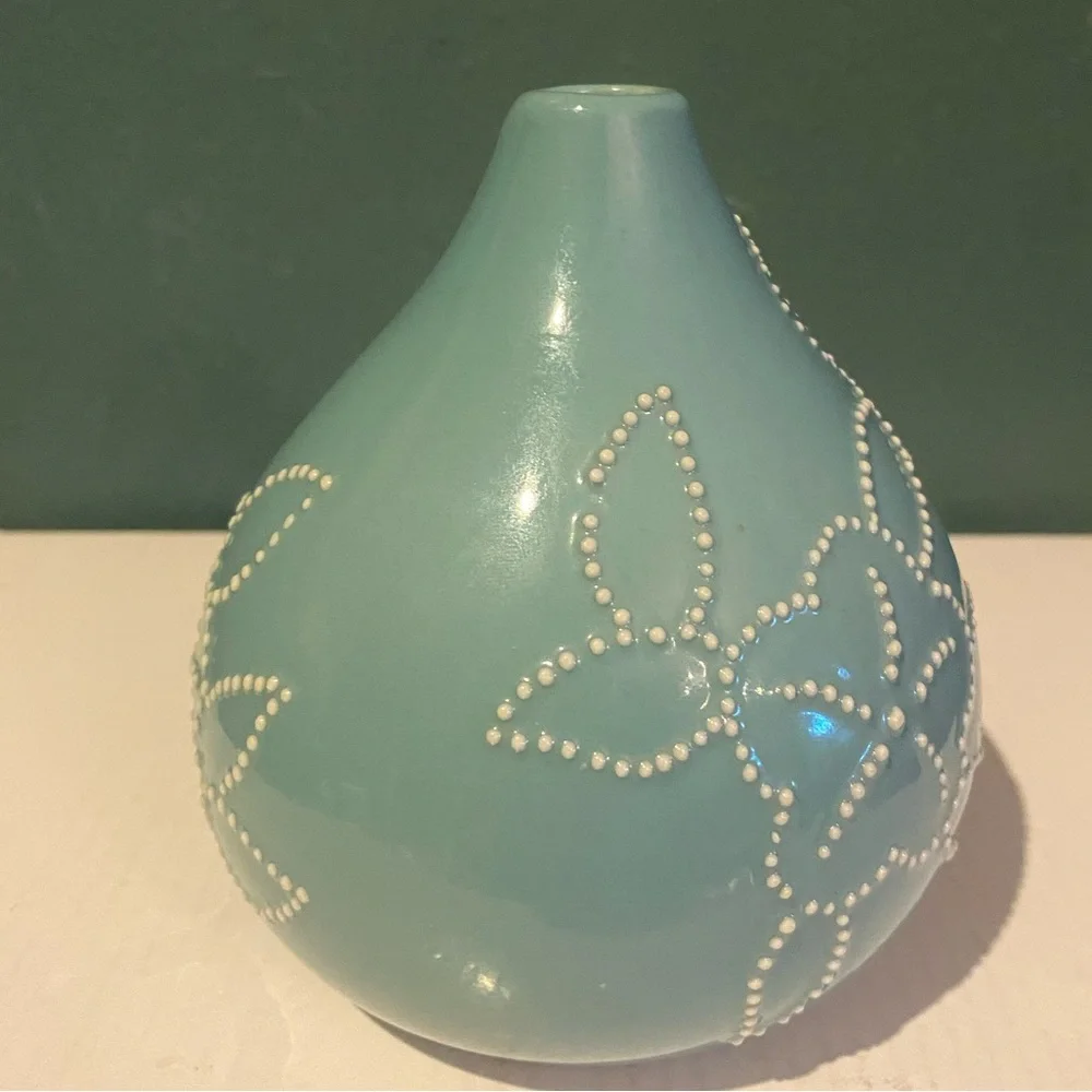Crate & Barrel Turquoise Vase with Dot Flower Design